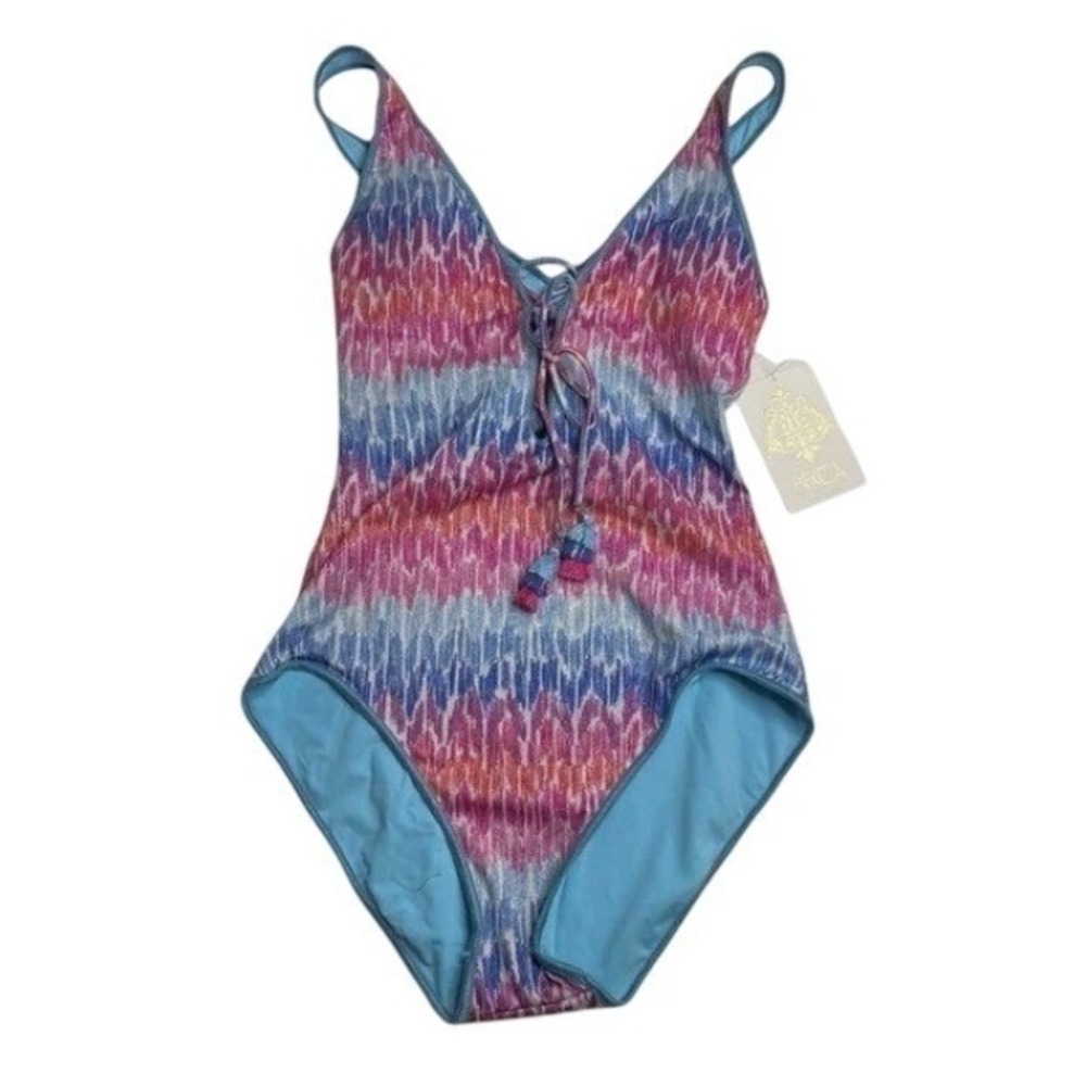 BECCA Joshua Tree Corset One Piece Swimsuit Blue Pink Lace‎ Up Front Medium New